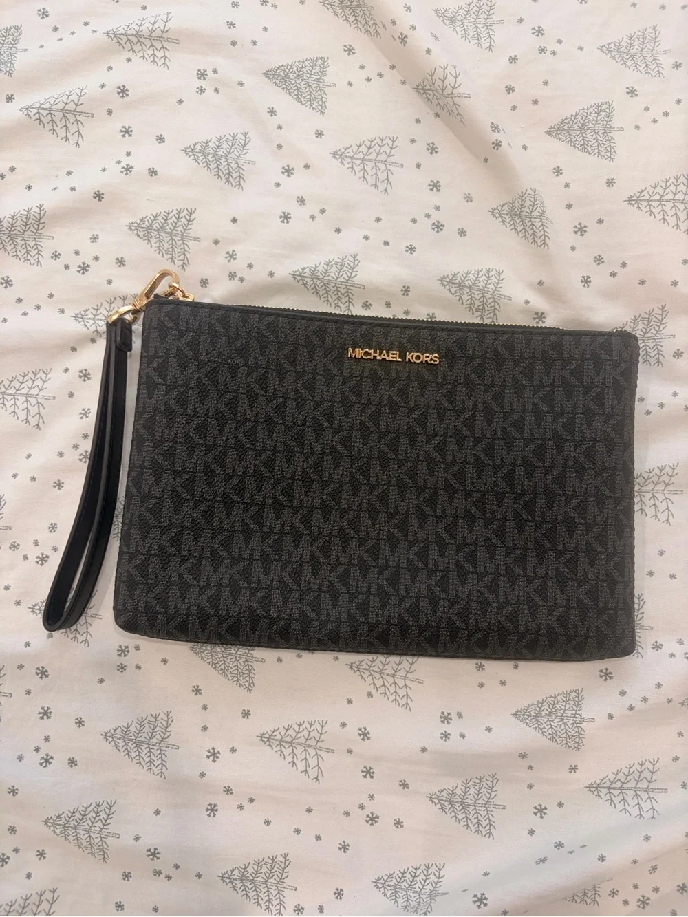 Michael Kors Black Monogram Wristlet Clutch with Gold Hardware